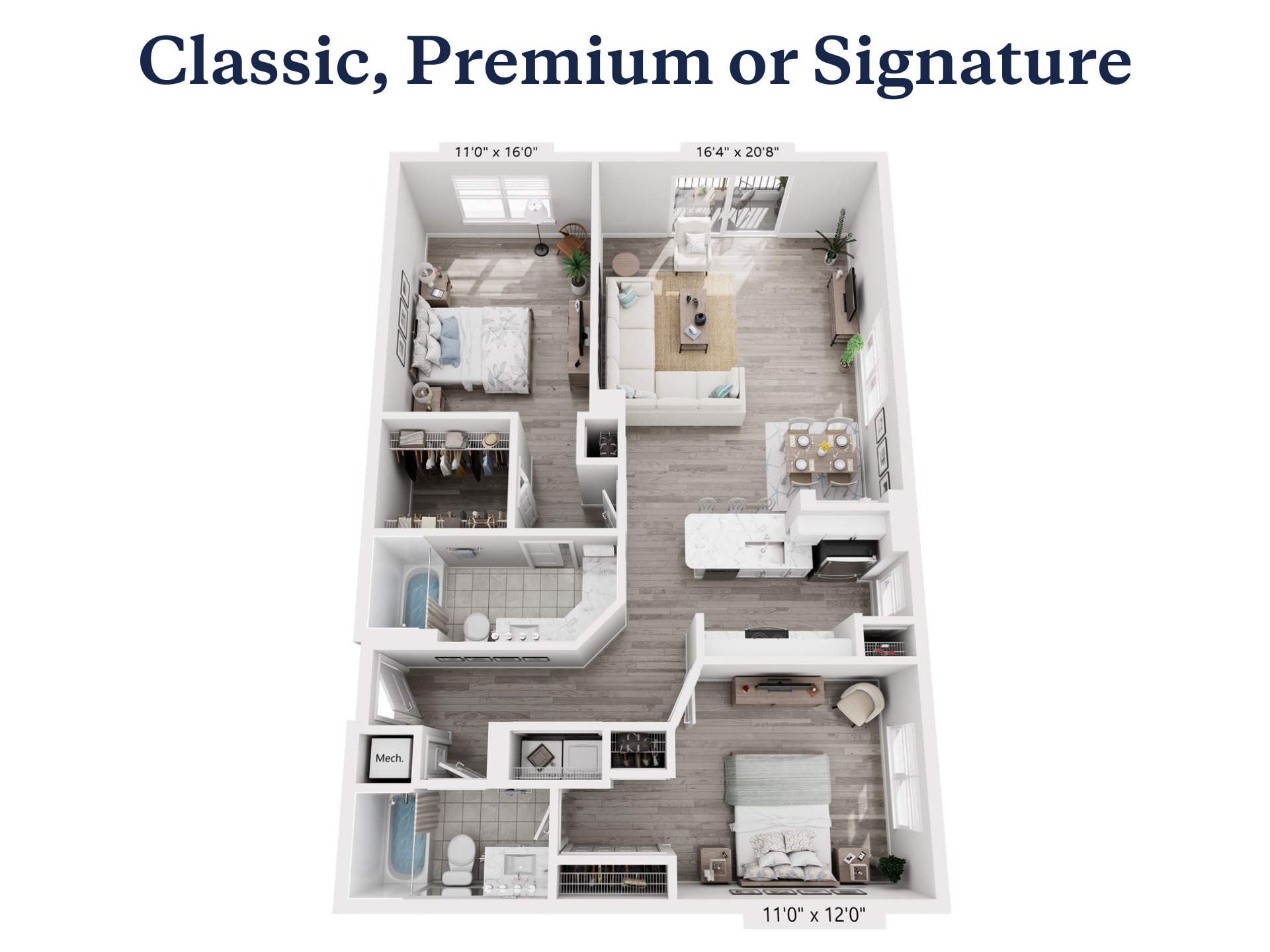Floor plan for 2 beds, 2 baths, 1357 sqft